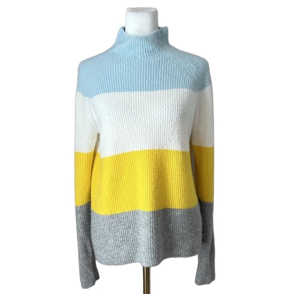 Halogen Sweaters - Halogen Striped Mock Neck Sweater White Blue Yellow Gray Small